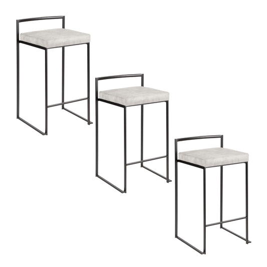 Laric - Set of 2 - 24" Black Metal Counter Stools with Light Grey Cushioned Fabric, Stackable Design