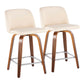 Evangeline - Set of 2 - 24-" Mid-Century Swivel Counter Stools in Walnut Wood & Cream Faux Leather with Chrome Metal Footrest