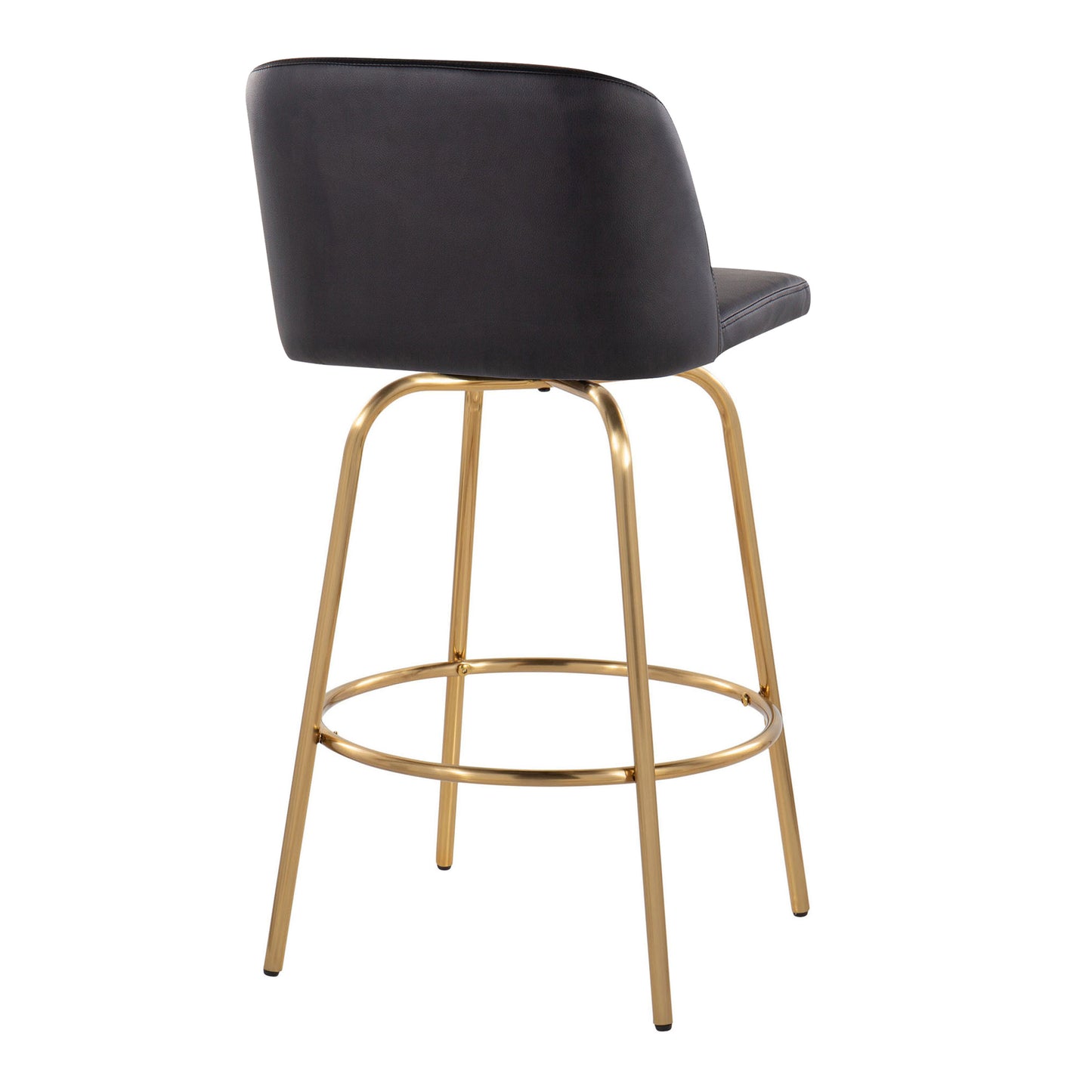 Teona - Set of 2 - 26" Black Faux Leather & Gold Metal Swivel Counter Stools with Round Footrest