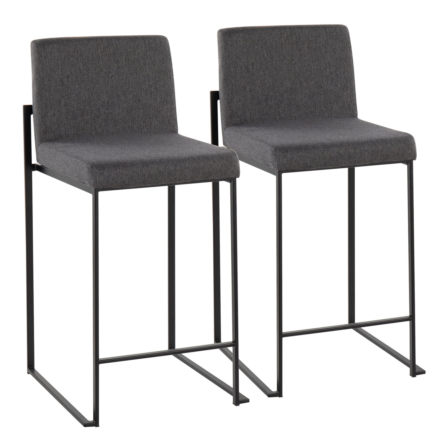 Lehis - Set of 2 - 24" Black Steel & Charcoal Fabric High Back Counter Stools, Contemporary Design