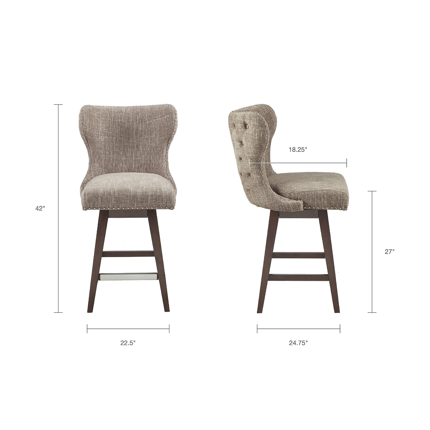 Melrose- Set of 2 - 27" Camel Upholstery Swivel Counter Stools with Solid Wood Frame, Perfect for Kitchen or Dining Room