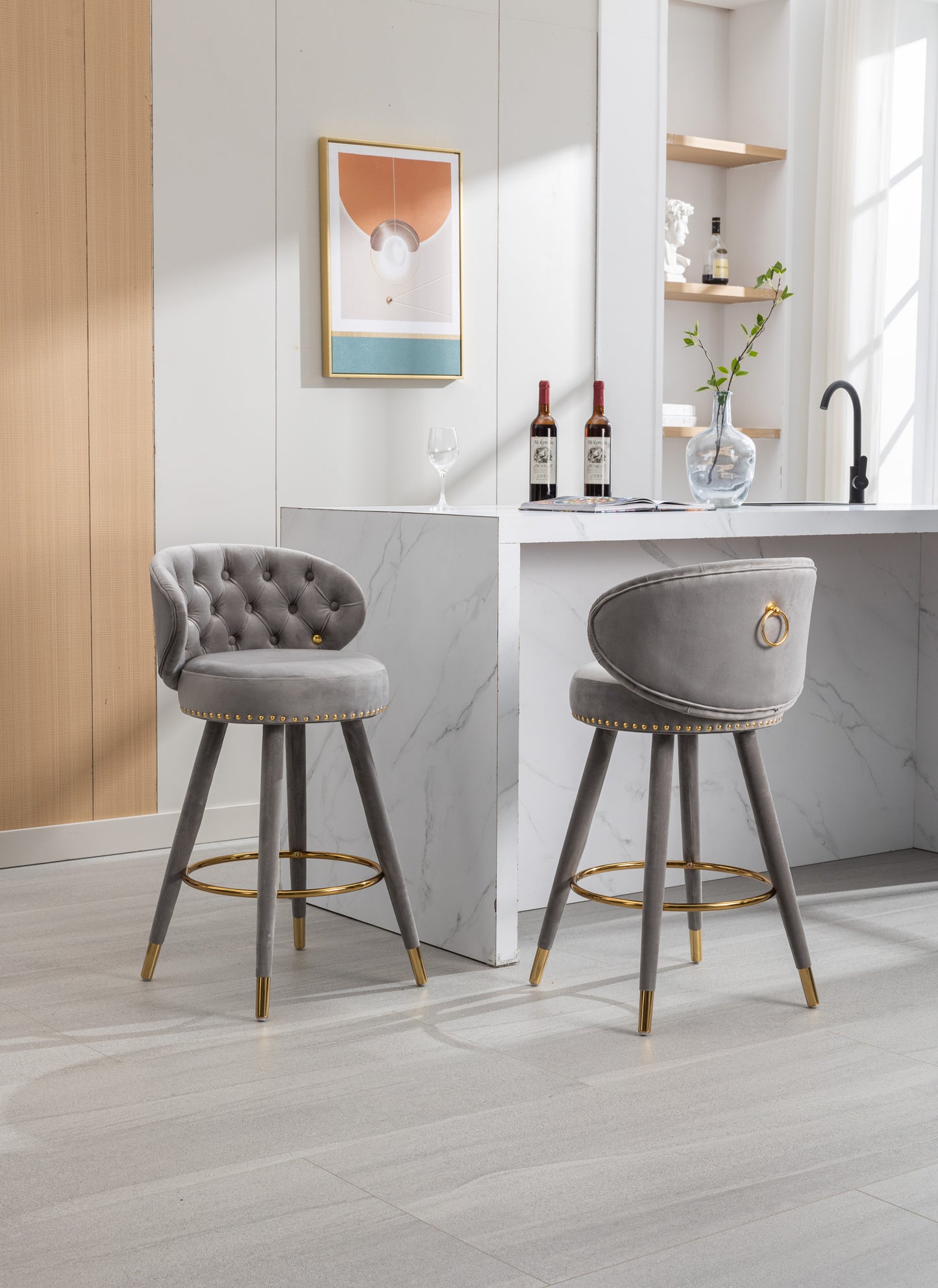 Luthiana - Set of 2 - 28" Gray Velvet Counter Height Bar Stools with 360° Swivel, Backrest, Footrest, and Solid Wood Legs