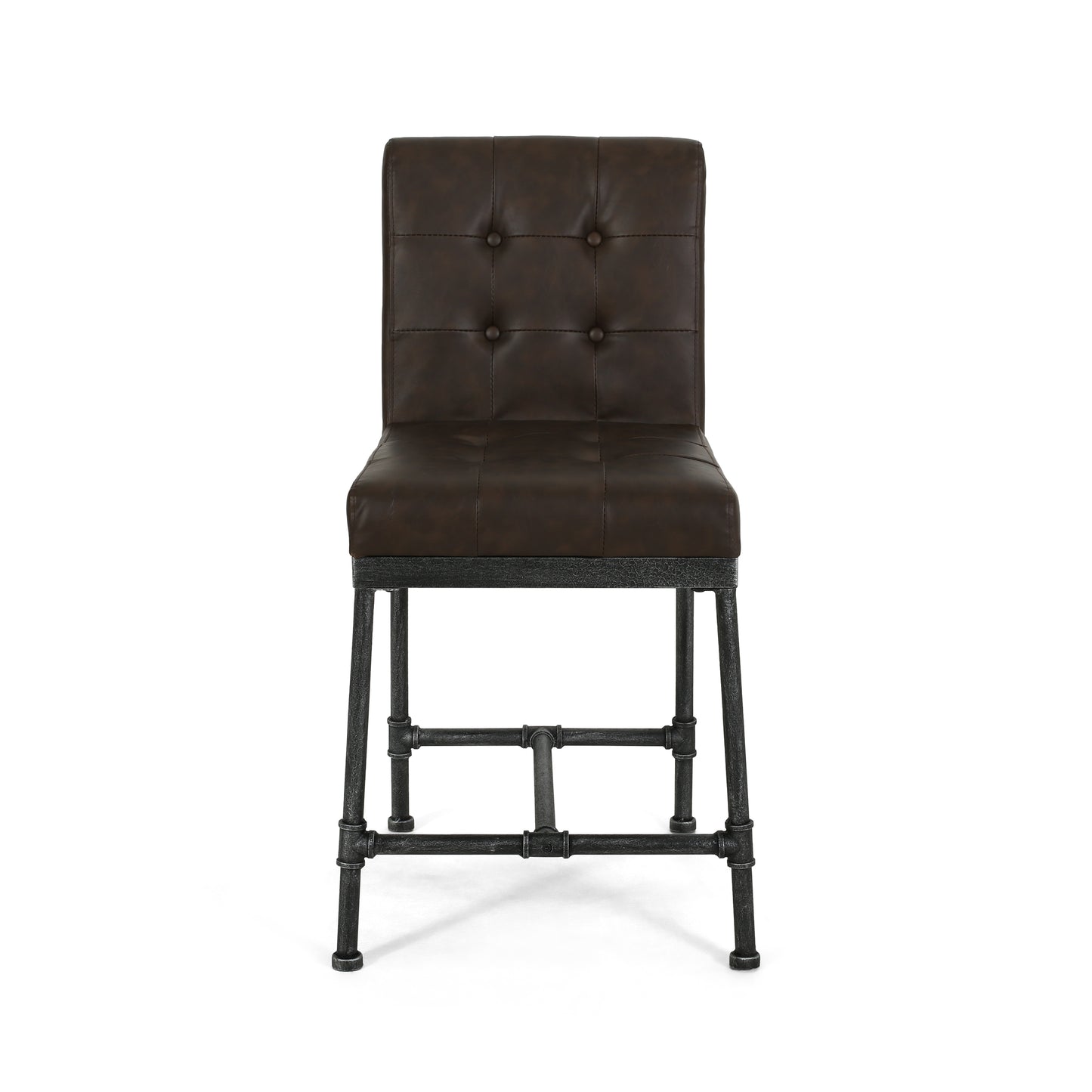 Naya – Set of 2 – 24" Dark Brown Upholstered Counter Stools with Industrial Metal Frame and Piping Details