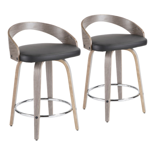 Gia - Set of 2 - 24" Light Grey Wood Mid-Century Modern Counter Stools with Black Faux Leather and 360-Degree Swivel