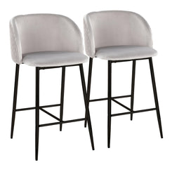 Freeport - Set of 2 - 24" Fixed-Height Counter Stools with Black Metal Frame and Silver Velvet Upholstery Contemporary Design for Kitchen & Bar