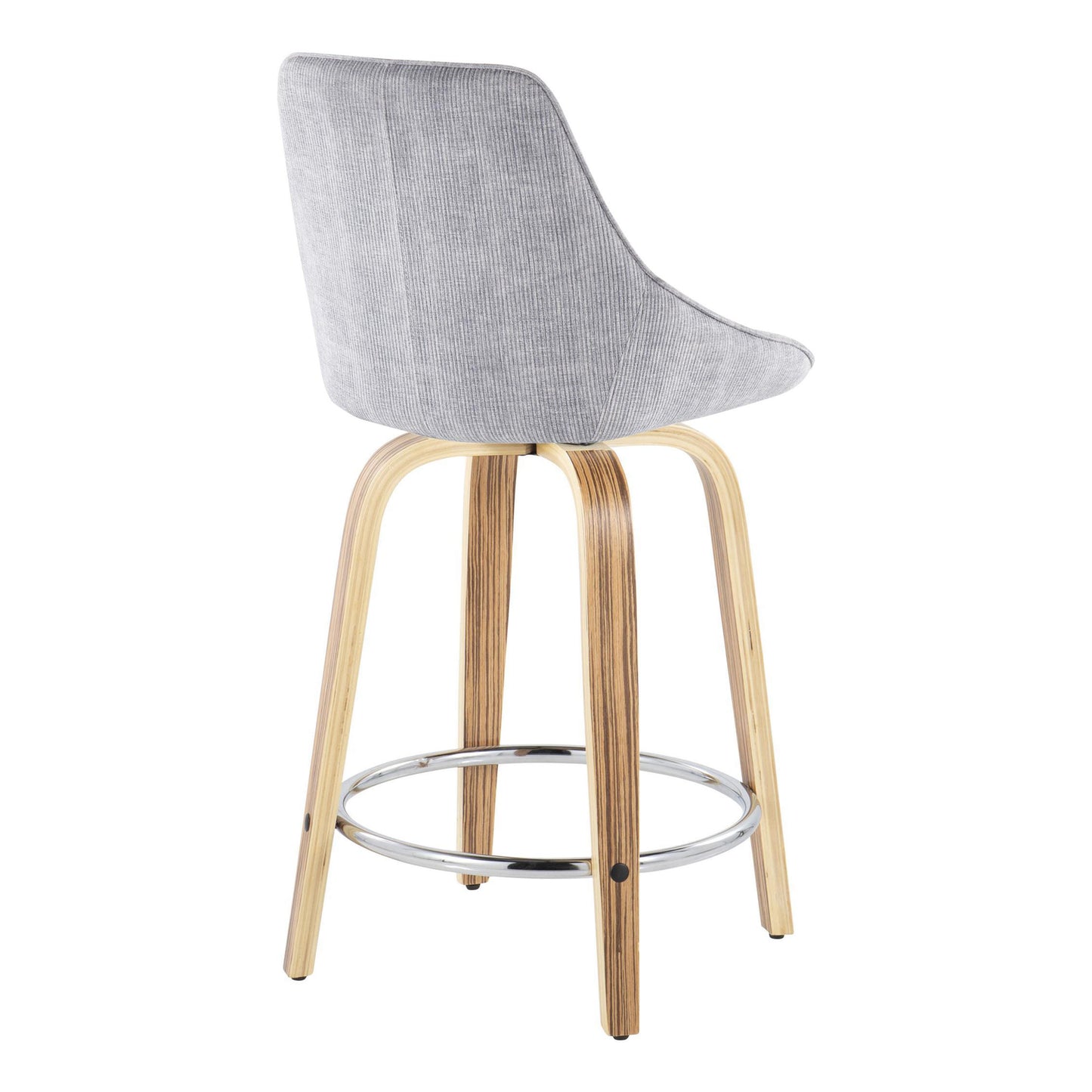 Daven - Set of 2 - 24" Grey Corduroy and Zebra Wood Counter Stools with Swivel and Chrome Footrest