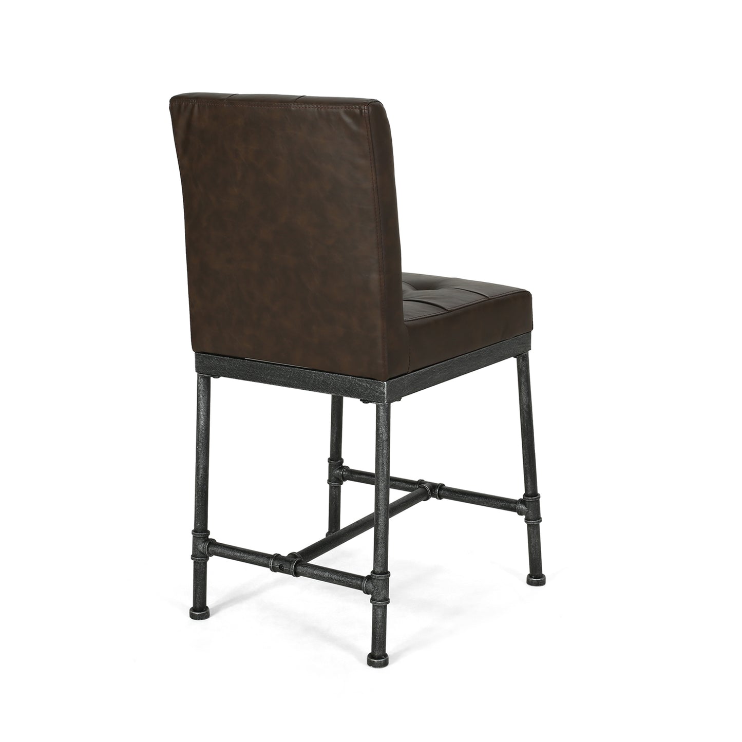 Naya – Set of 2 – 24" Dark Brown Upholstered Counter Stools with Industrial Metal Frame and Piping Details