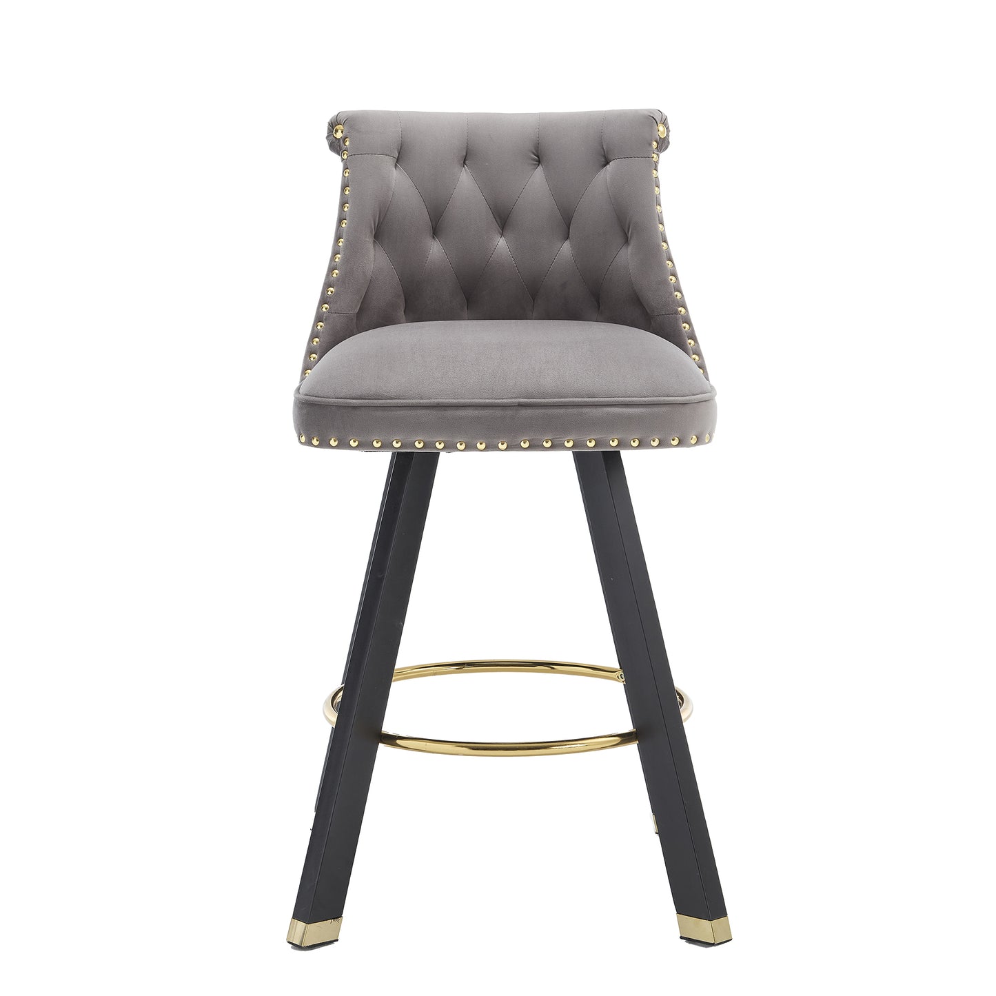 Evra - Set of 2 - Dark Gray Velvet Bar Stools with 360° Swivel, Rivet Detailing, and 26" Seat Height