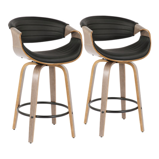 Ardenia - Set of 2 - 29" Light Grey Mid-Century Modern Counter Stools with Black Faux Leather & 360° Swivel