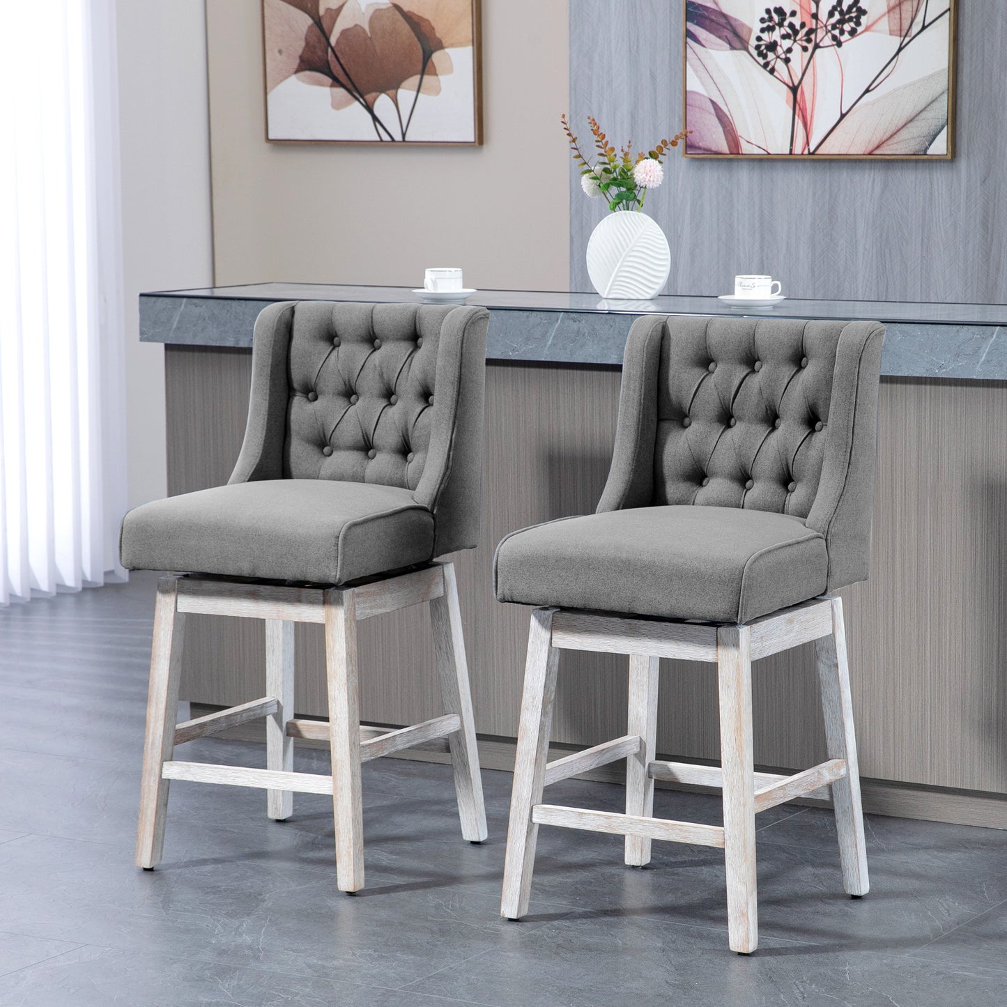 Hezek - Set of 2 - 27" Gray Swivel Bar Stools with Button Tufted Back & Solid Rubberwood Footrests, Counter Height