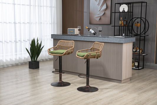 Ardelle - Set of 2 - 26" Adjustable Green Linen Swivel Bar Stools with Footrest, Metal & Rattan Base for Kitchen or Dining Room