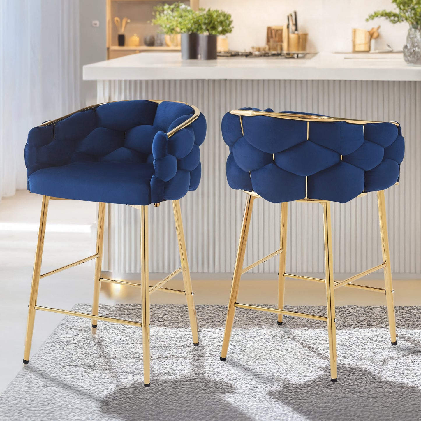 Narelle - Set of 2 - 28" Dark Blue Velvet Modern Counter Stools with Gold Metal Frame, Comfortable Backrest & Footrest