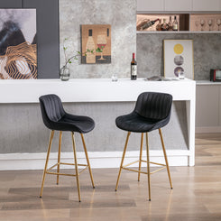 Loopis - Set of 2- 26"  Black Velvet Bar Stools with Chrome Footrest & Golden Legs