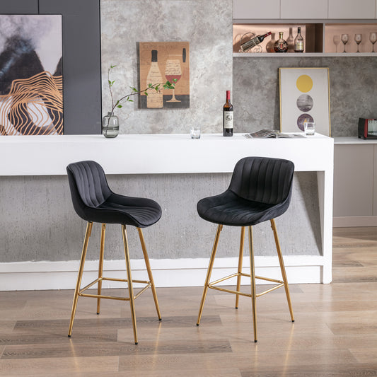 Loopis - Set of 2- 26"  Black Velvet Bar Stools with Chrome Footrest & Golden Legs