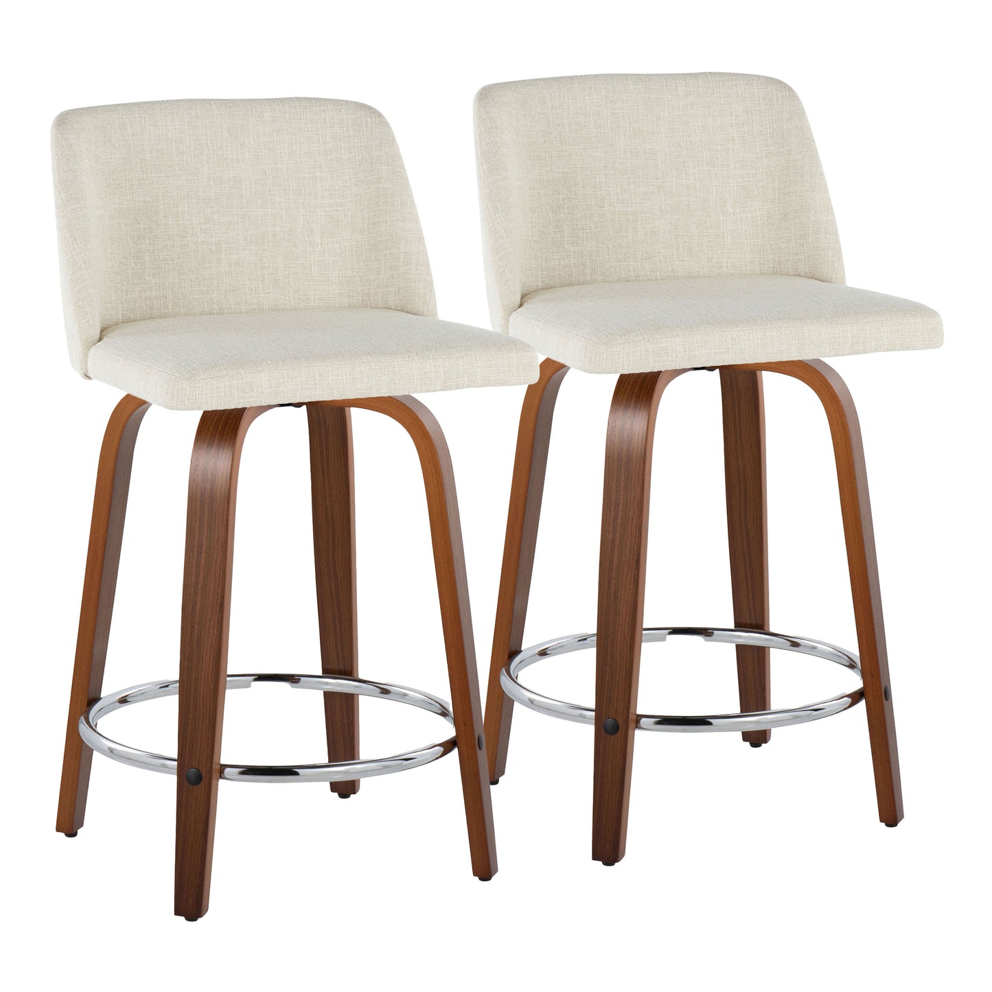 StratosBlend - Set of 2 - 24" Mid-Century Modern Swivel Counter Stools with Cream Fabric Upholstery, Walnut Wood, Chrome Footrest, and Fixed Height