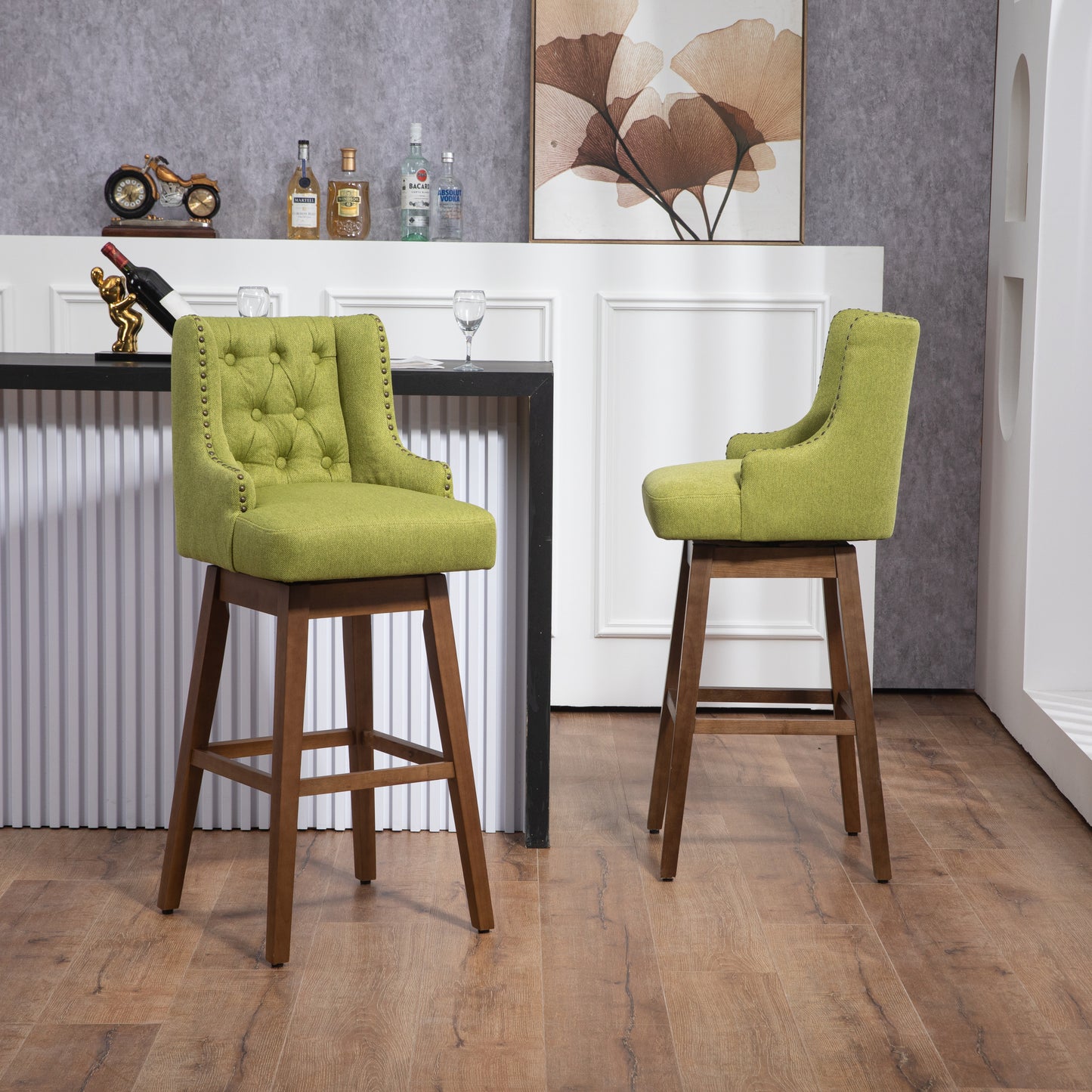 Esmée - Set of 2 - 30" Olive Linen Counter Height Bar Stools with 360° Swivel and Solid Wood Legs, Footrest for Kitchen or Dining Room