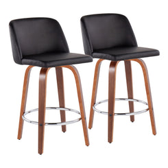 Tavolyn - Set of 2 - 24" Mid-Century Modern Counter Stools with Black Faux Leather, Walnut Wood Frame, and Chrome Footrest