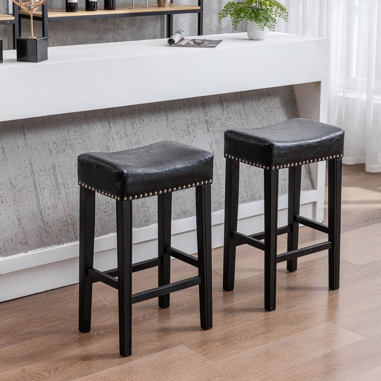 Hazelwood - Set of 2 - 29" Black Faux Leather Counter Height Stools - Backless Farmhouse Design - Comfortable Bar Chairs for Kitchen