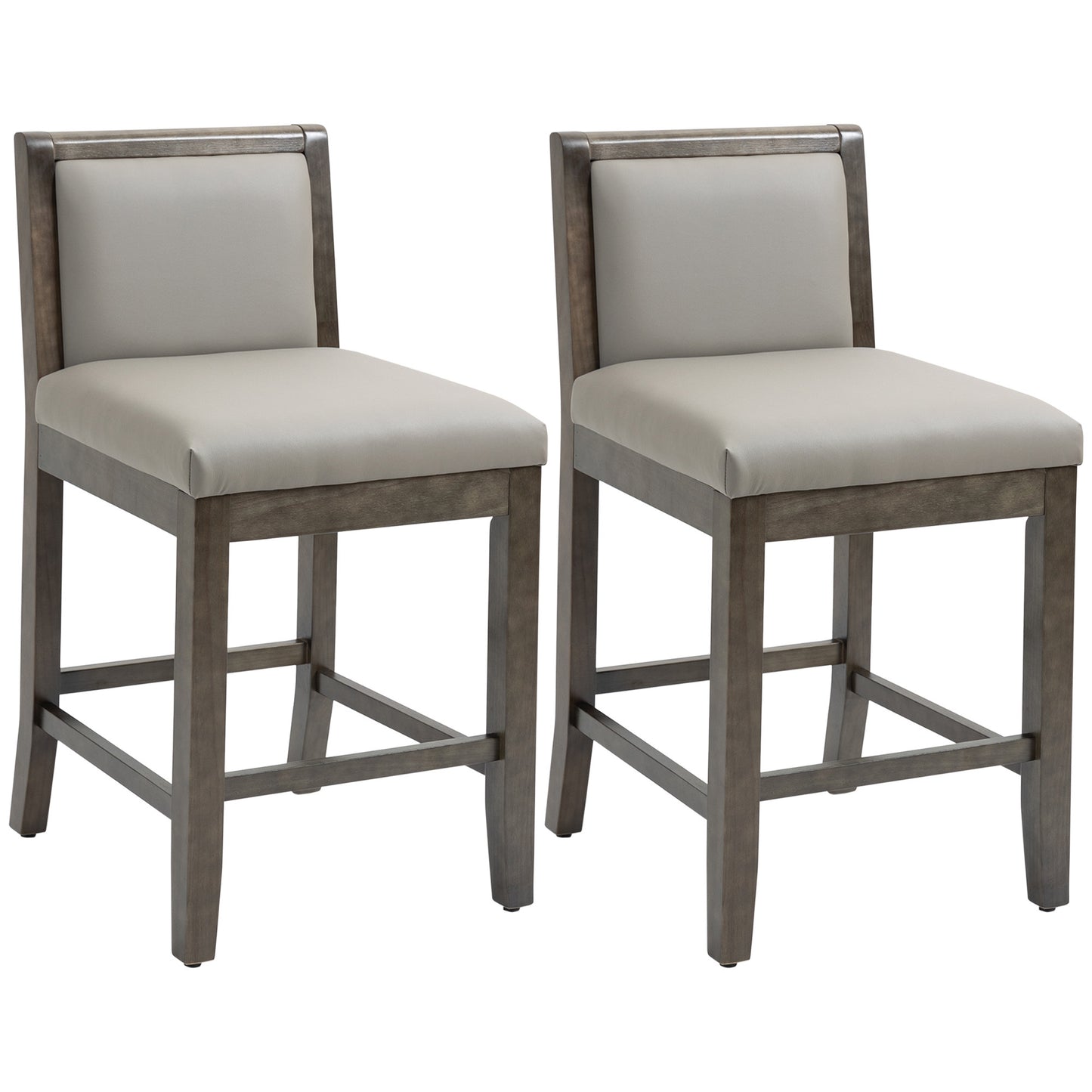 Quantifyx - Set of 2 - 26" Grey Polyurethane Leather Counter Height Bar Stools with Upholstered Backrest and Solid Rubber Wood Legs for Modern Kitchen Seating