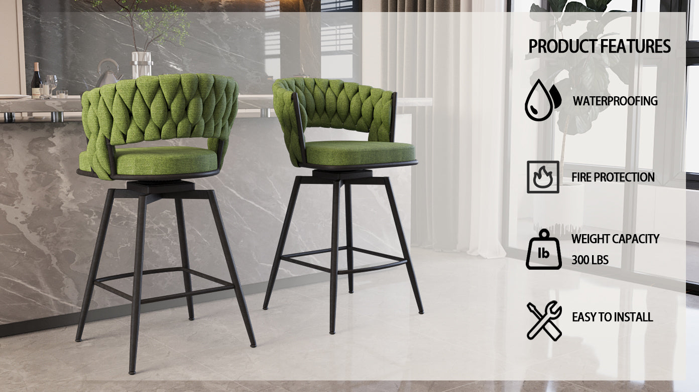 Wistova - Set of 2 - 26" Green Linen Woven Swivel Bar Stools with Black Metal Base, Backrest & Footrest