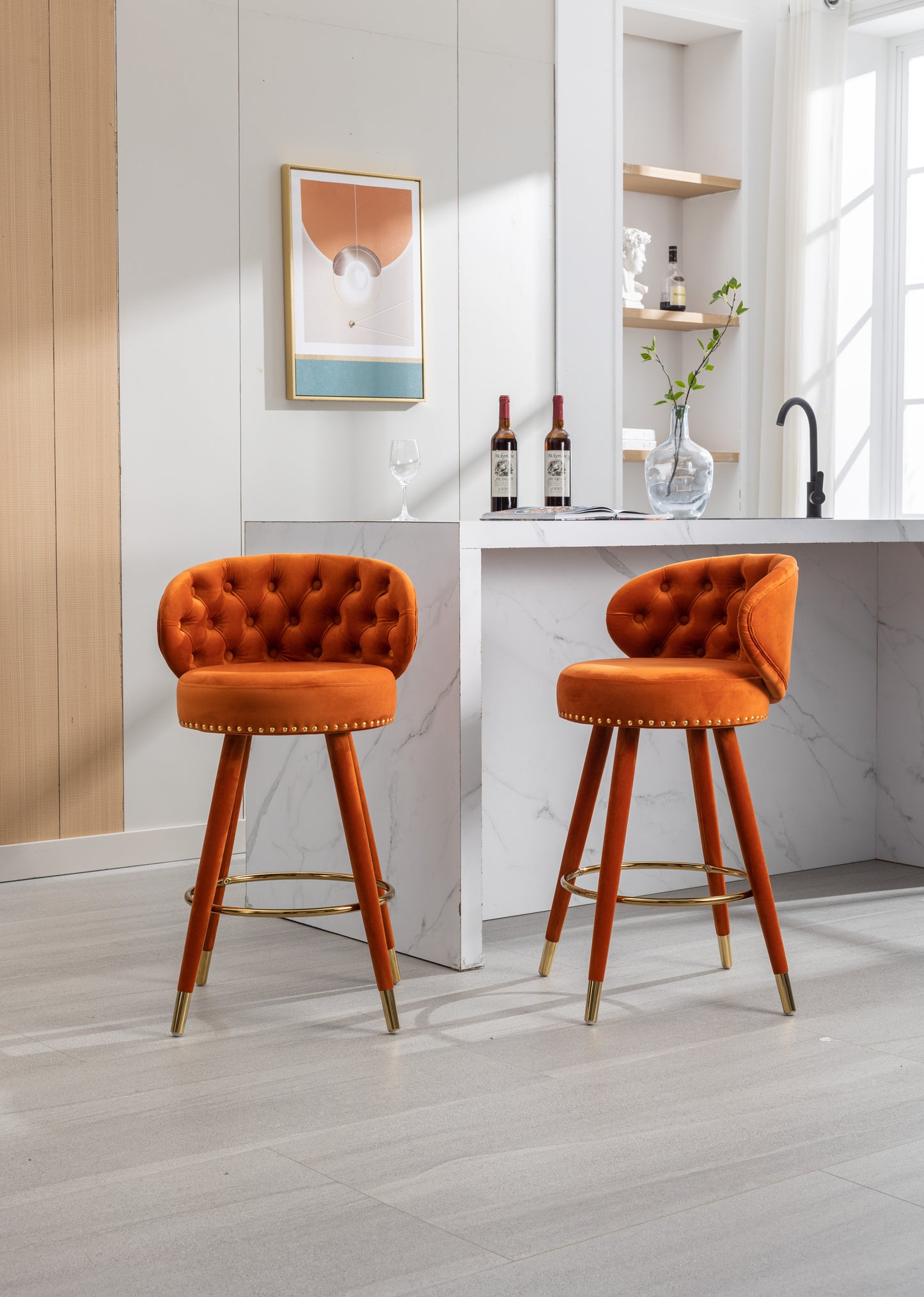 Miple - Set of 2 - 28" Orange Velvet Swivel Counter Height Bar Stools with Backrest, Footrest, and Solid Wood Legs, Retro Style