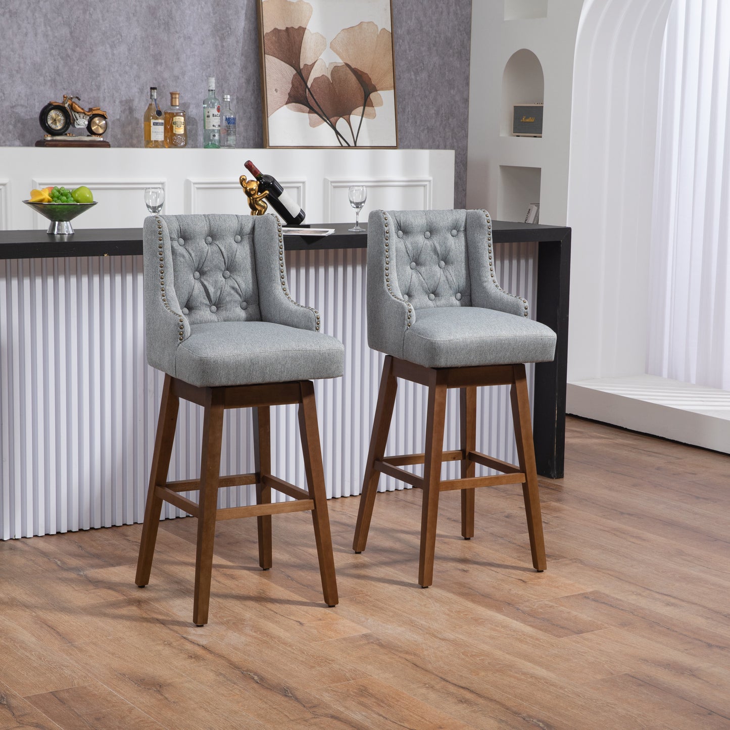 Eric - Set of 2 - 30" Gray Linen Swivel Bar Stools with Button-Tufted Backrest, Solid Wood Legs, Seat Height