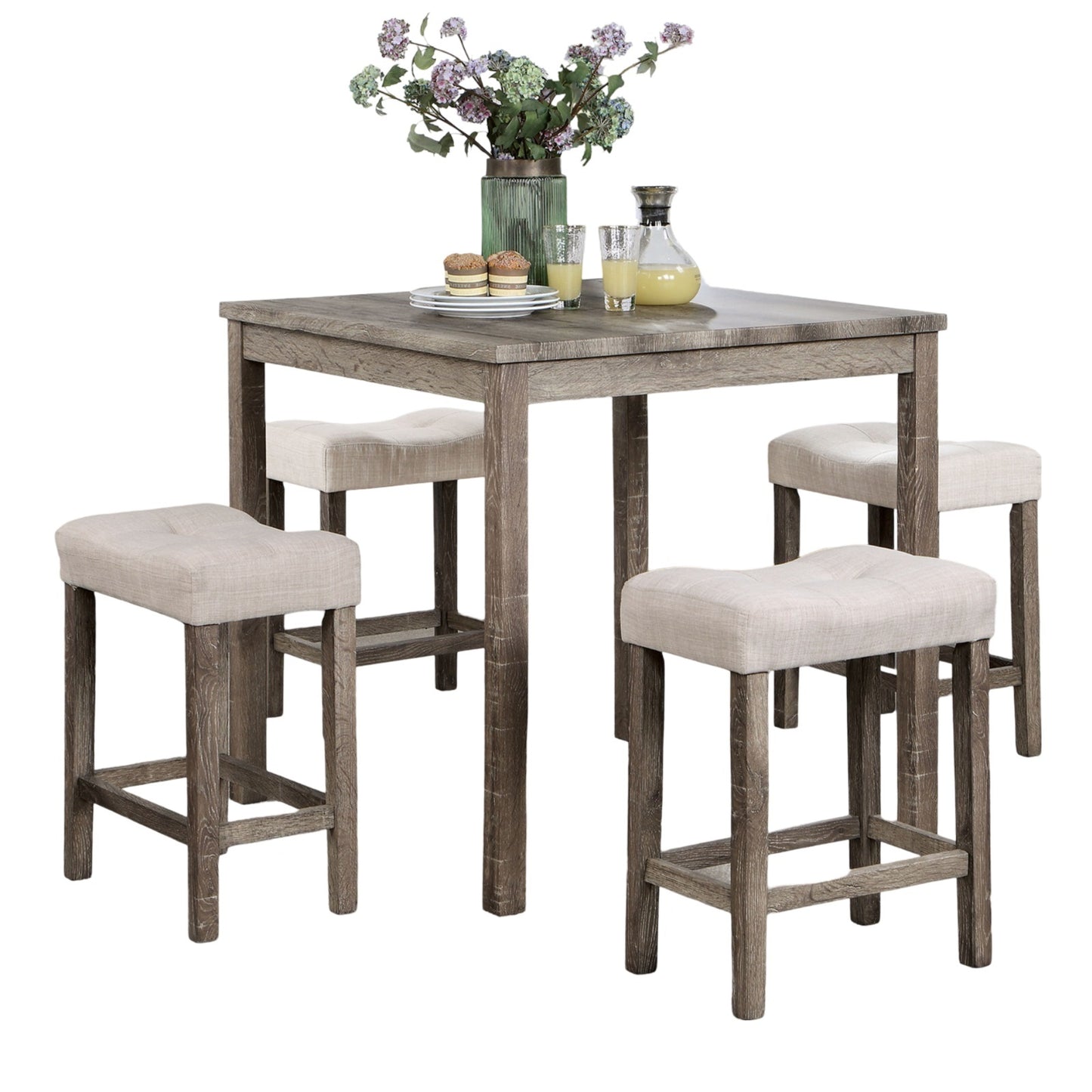 Torreon - Set of 5 - 24" Stool - Gray & Beige Transitional Counter Height Dining Set with Fabric Upholstered Saddle Seat Stools, Solid Wood Dining Table