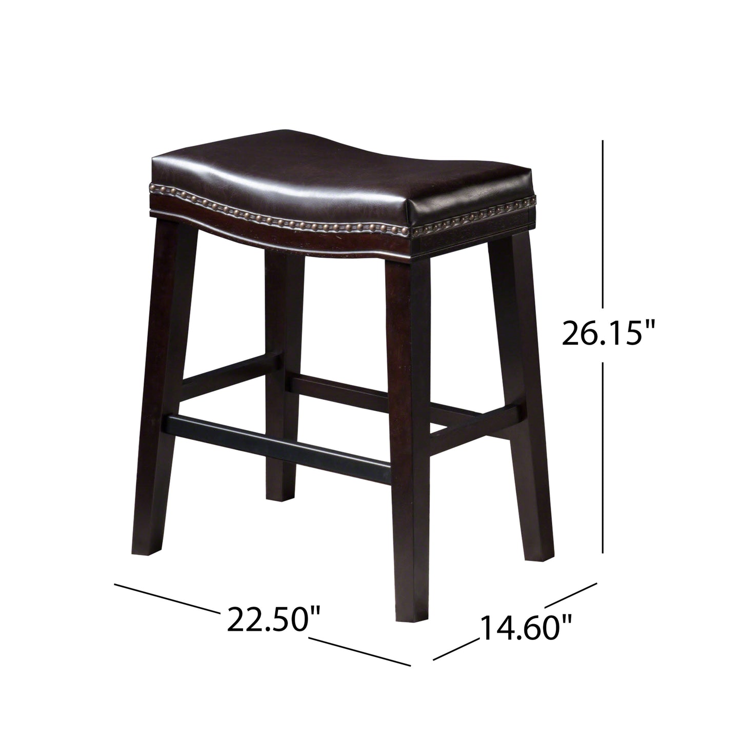 Marcila - Set of 2 - 26" Dark Brown PU Leather Saddle Bar Stools with Nailhead Trim and Rubberwood Frame