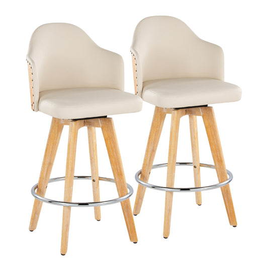 Tersavon - Set of 2 - 20" Mid-Century Modern Fixed-Height Counter Stools with Walnut Wood Frame, Cream Upholstery, and Round Chrome Footrest