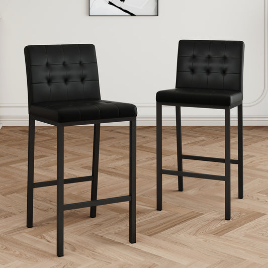 Bastion - Set of 2 - 26" Seat Height Black PU Upholstered Bar Stools with Metal Legs, High-Back Design (17.72" W x 14.96" D)