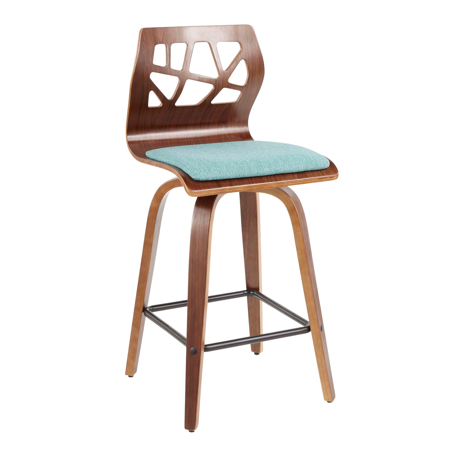 Folia - Set of 2 -29" Mid-Century Modern Walnut & Teal Counter Stools with Upholstered Fabric and Curved Back