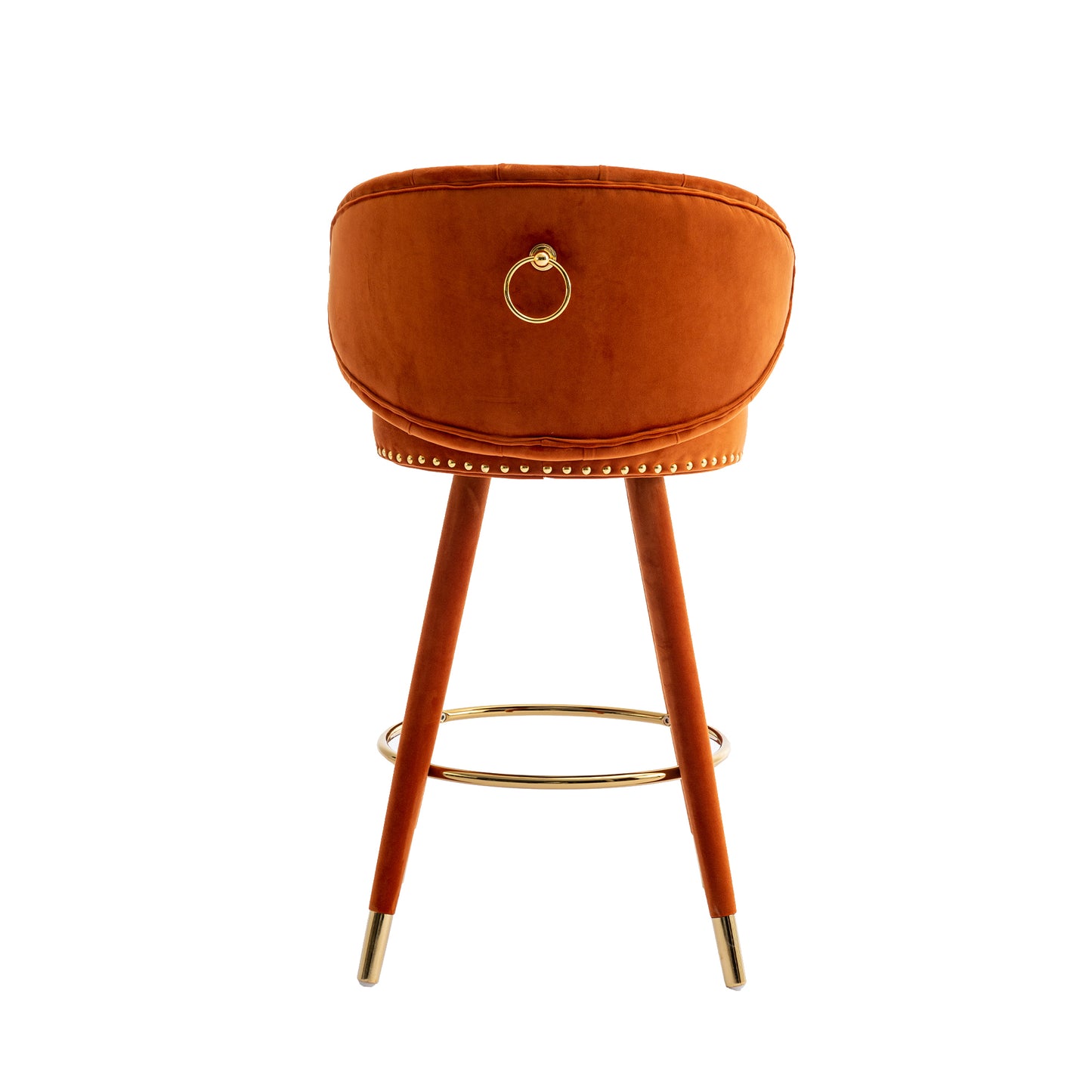 Miple - Set of 2 - 28" Orange Velvet Swivel Counter Height Bar Stools with Backrest, Footrest, and Solid Wood Legs, Retro Style