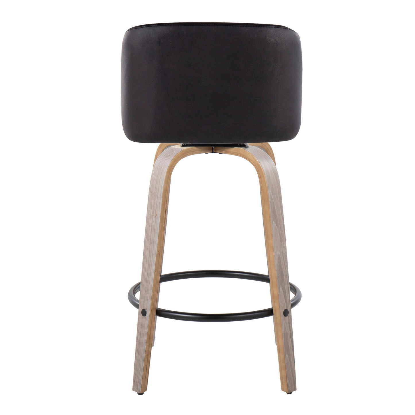 Toriano - Set of 2 -18" Light Grey Wood & Black Faux Leather Swivel Counter Stools with Round Black Metal Footrest