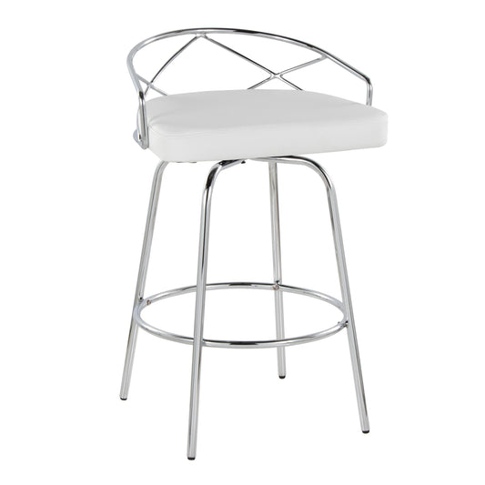 Valencia Luxe - Set of 2 - Chrome Swivel Counter Stools in White Faux Leather with Round Footrest