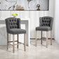 Halerion - Set of 2 - 27" Dark Gray Upholstered Counter Height Bar Stools with Tufted Back, Nailhead Trim, and Wooden Legs – Farmhouse Kitchen Island Stools