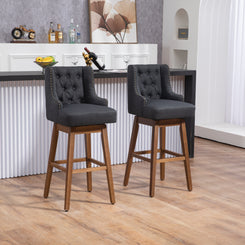 Marthlian - Set of 2 - 25" Navy Linen Counter Height Bar Stools with 360° Swivel, Footrest, Solid Wood Legs, and Retro Style for Kitchen or Dining Room