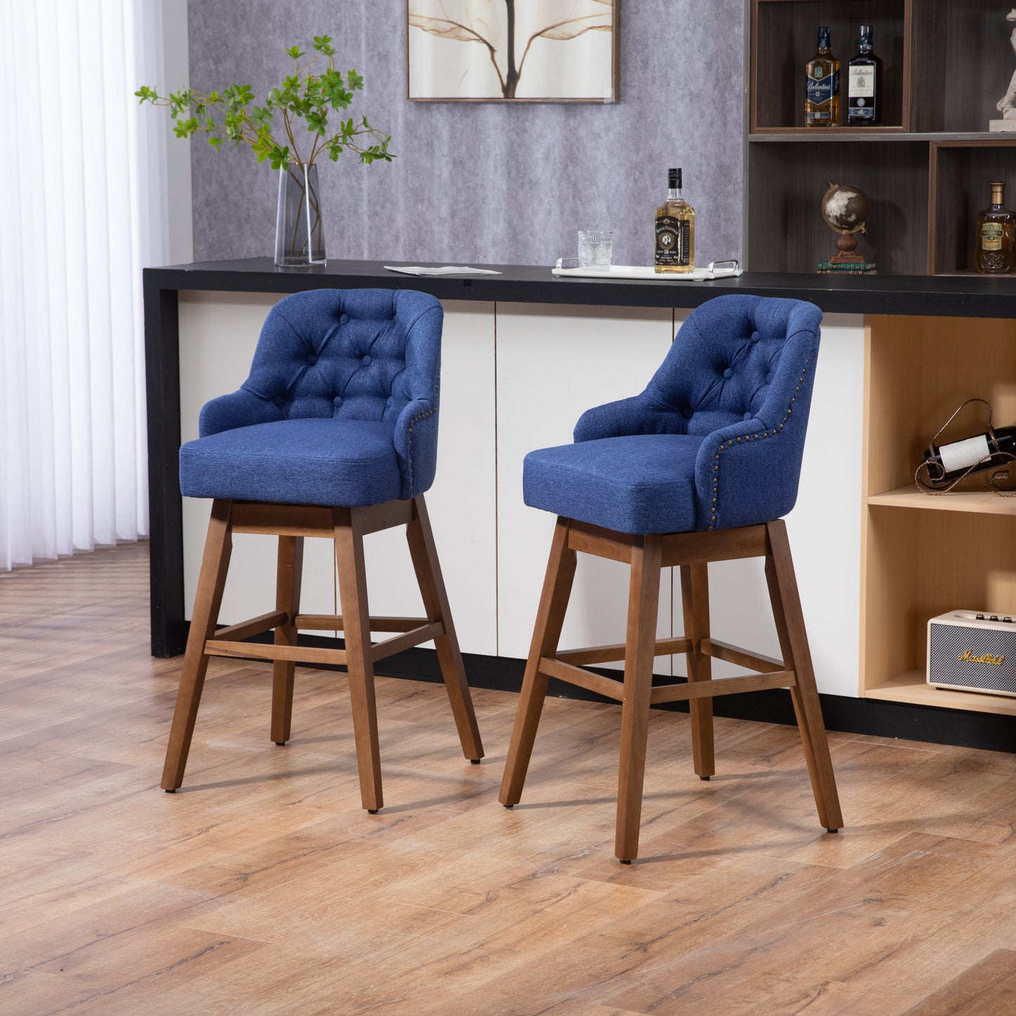 Holmwood - Set of 2 - 28" Navy Linen Swivel Bar Stools with Solid Wood Legs, 360° Counter Height Chairs for Kitchen & Dining Room