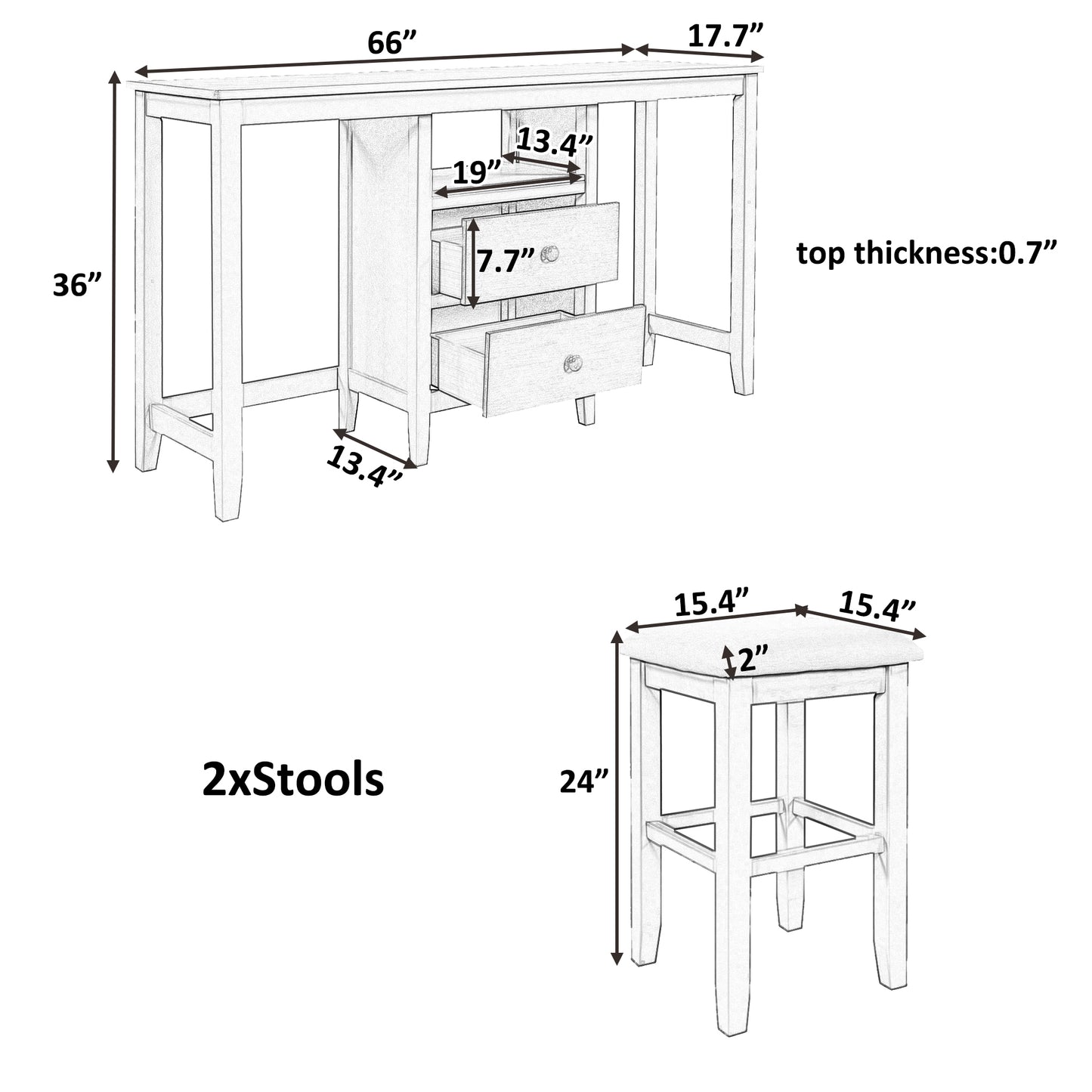 Spire 3-Piece Set – 66" Rustic Counter Height Dining Table,  Table with Storage Cabinet, 2 Drawers, and Beige Upholstered Stools, Distressed Gray Finish