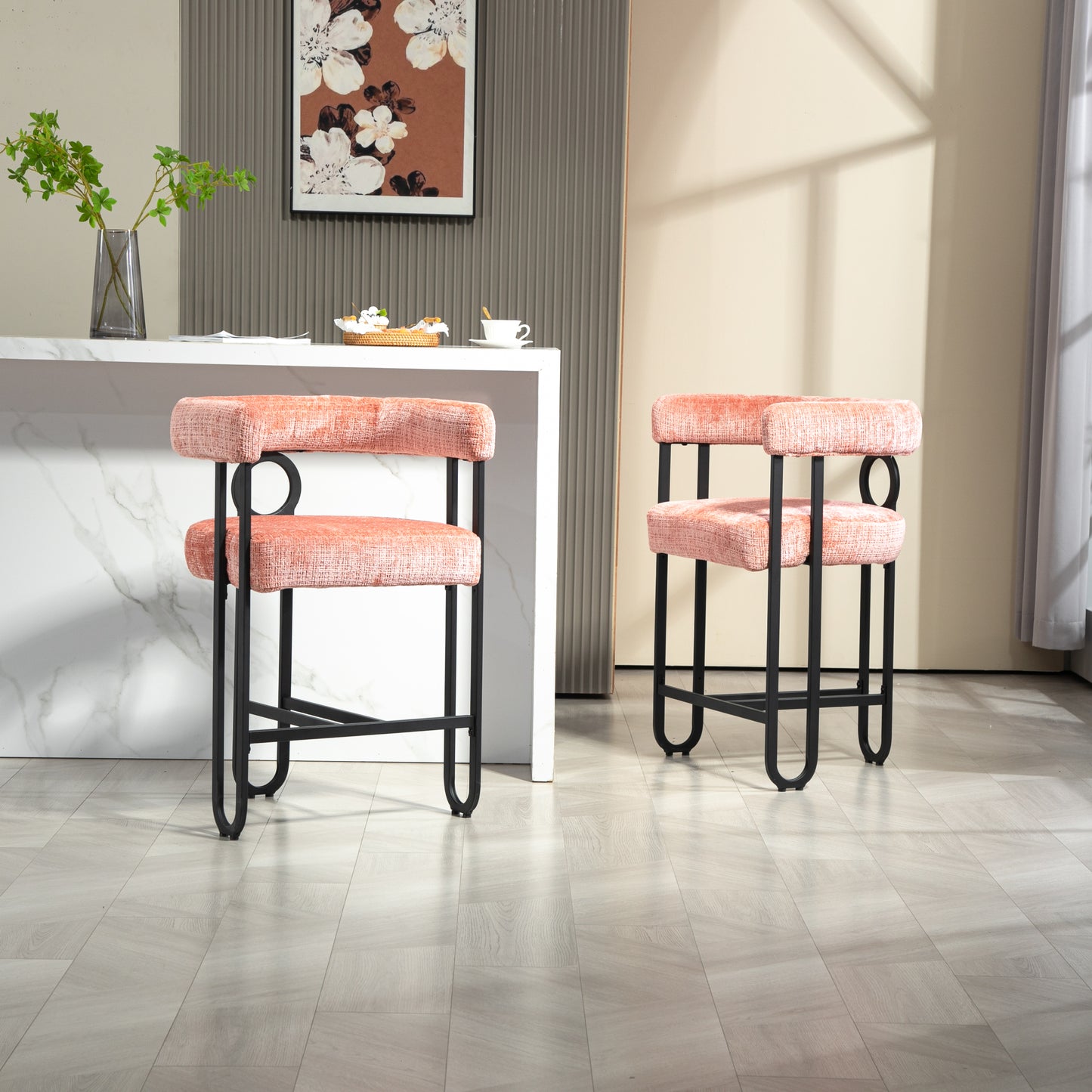 Adelina - Set of 2 - 24" Pink Chenille Bar Stools with Modern Curved Backrest and Black Metal Frame for Kitchen Island, Pub, or Dining Room