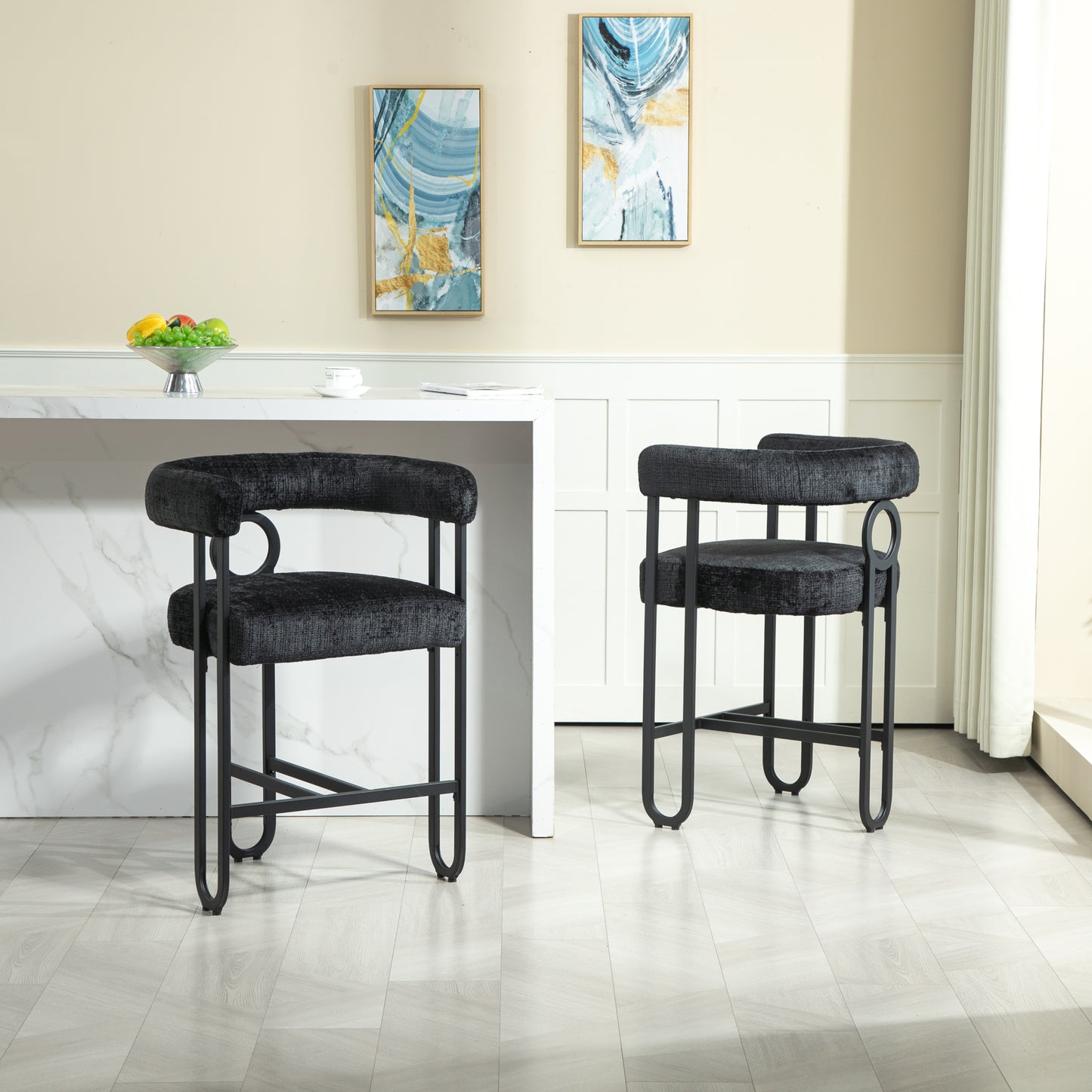 Rafferty - Set of 2 - 24" Black Chenille Upholstered Modern Bar Stool with Backrest, Black Metal Frame for Kitchen Island, Pub, or Club