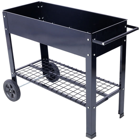 Elevated Mobile Raised Ergonomic Metal Planter Garden Bed With Wheels Powder Coated Steel - Black