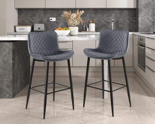 Nyara - Set of 2 - 29" Dark Gray Velvet Pub Height Chairs with Quilted Stitching and Black Metal Legs, Modern Dining Furniture