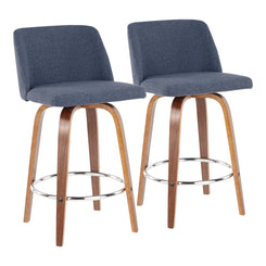 Haywood - Set of 2 - 19" Walnut and Blue Fabric Counter Stools with Upholstered Swivel Seat and Chrome Footrest for Kitchen and Bar