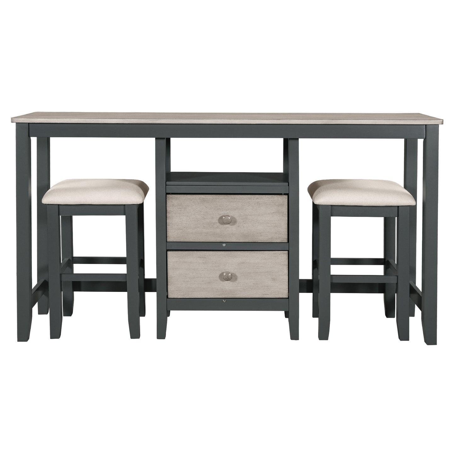 Spire 3-Piece Set – 66" Rustic Counter Height Dining Table,  Table with Storage Cabinet, 2 Drawers, and Beige Upholstered Stools, Distressed Gray Finish