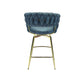 Haythorne - Set of 2 - 26" Blue Suede Woven Swivel Bar Stools with Armrest & Footrest - Gold Legs for Kitchen Island