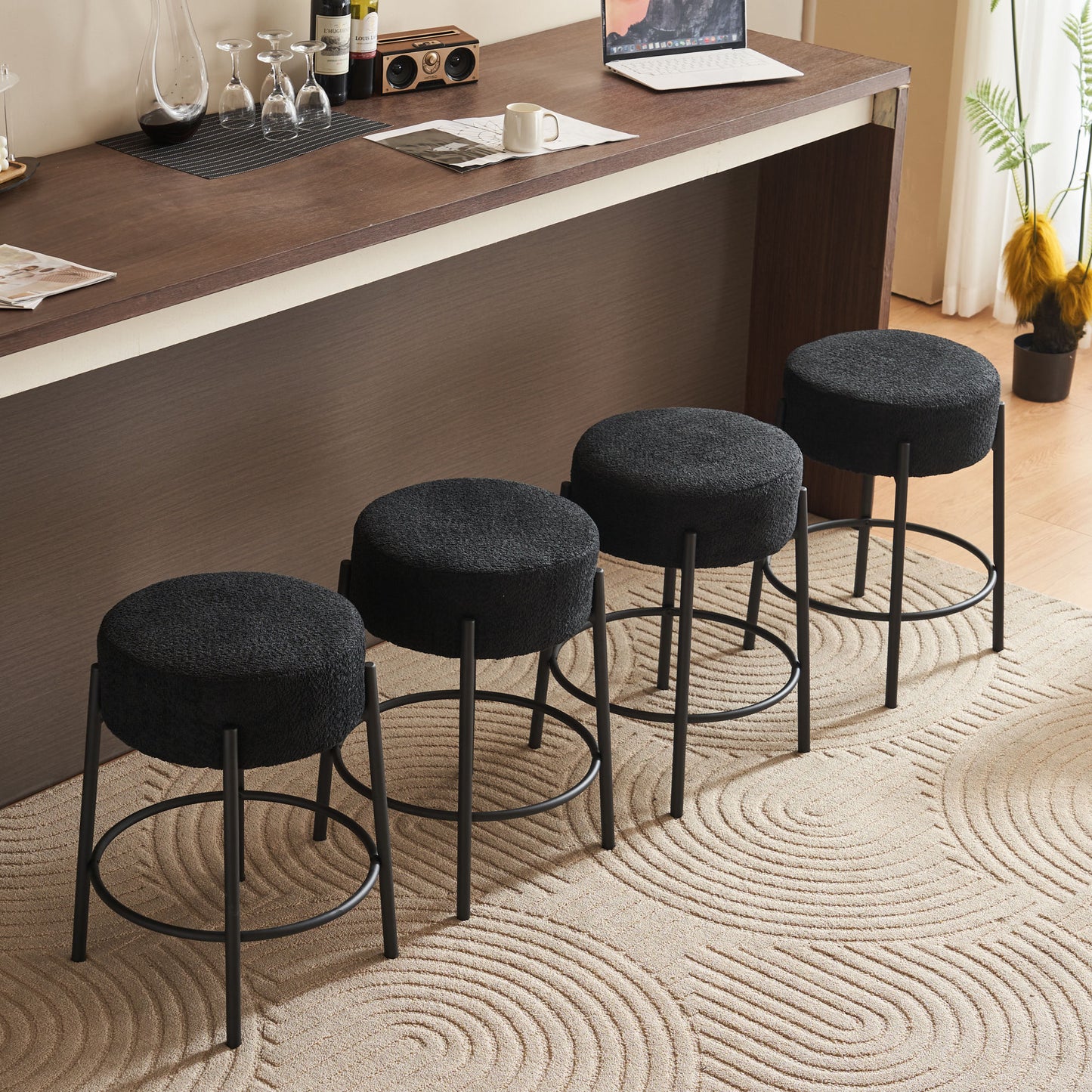 Helvett- Set of 2 -24"  Set Black Upholstered Round Bar Stools with High Resilience Foam-Tall Modern Dining Chairs for Kitchens & Bars