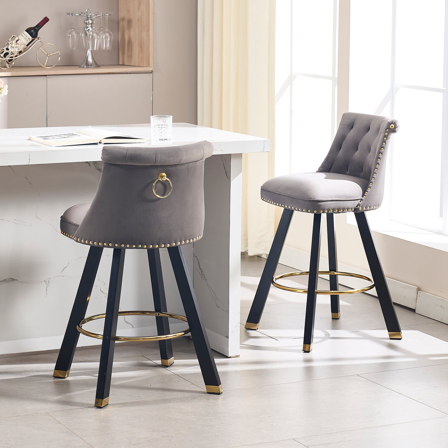 Evra - Set of 2 - Dark Gray Velvet Bar Stools with 360° Swivel, Rivet Detailing, and 26" Seat Height