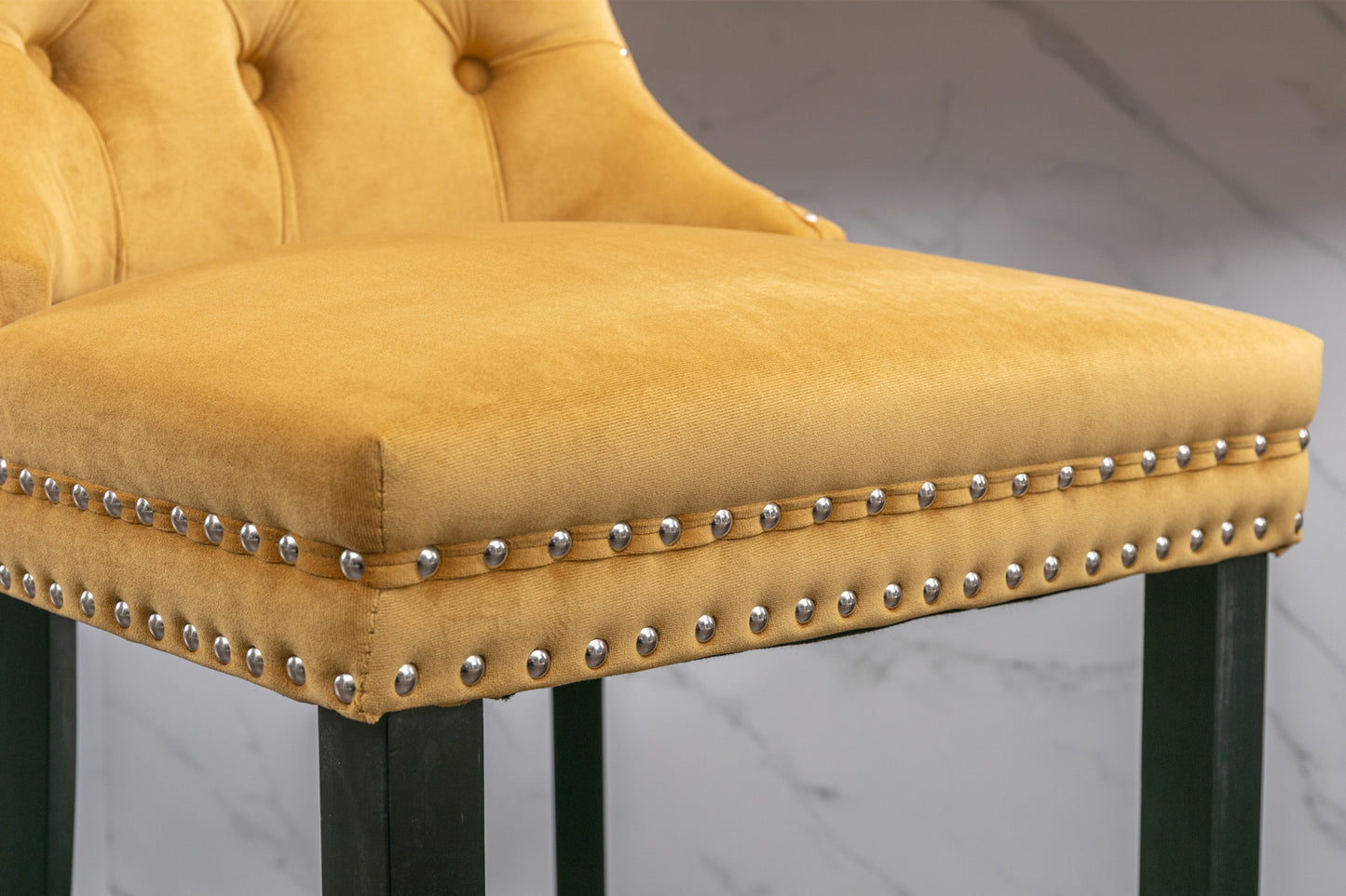 Golden Velvet - Set of 2 - 23.6" Upholstered Bar Stools with Button Tufted Design, Chrome Nailhead Trim & Wooden Legs