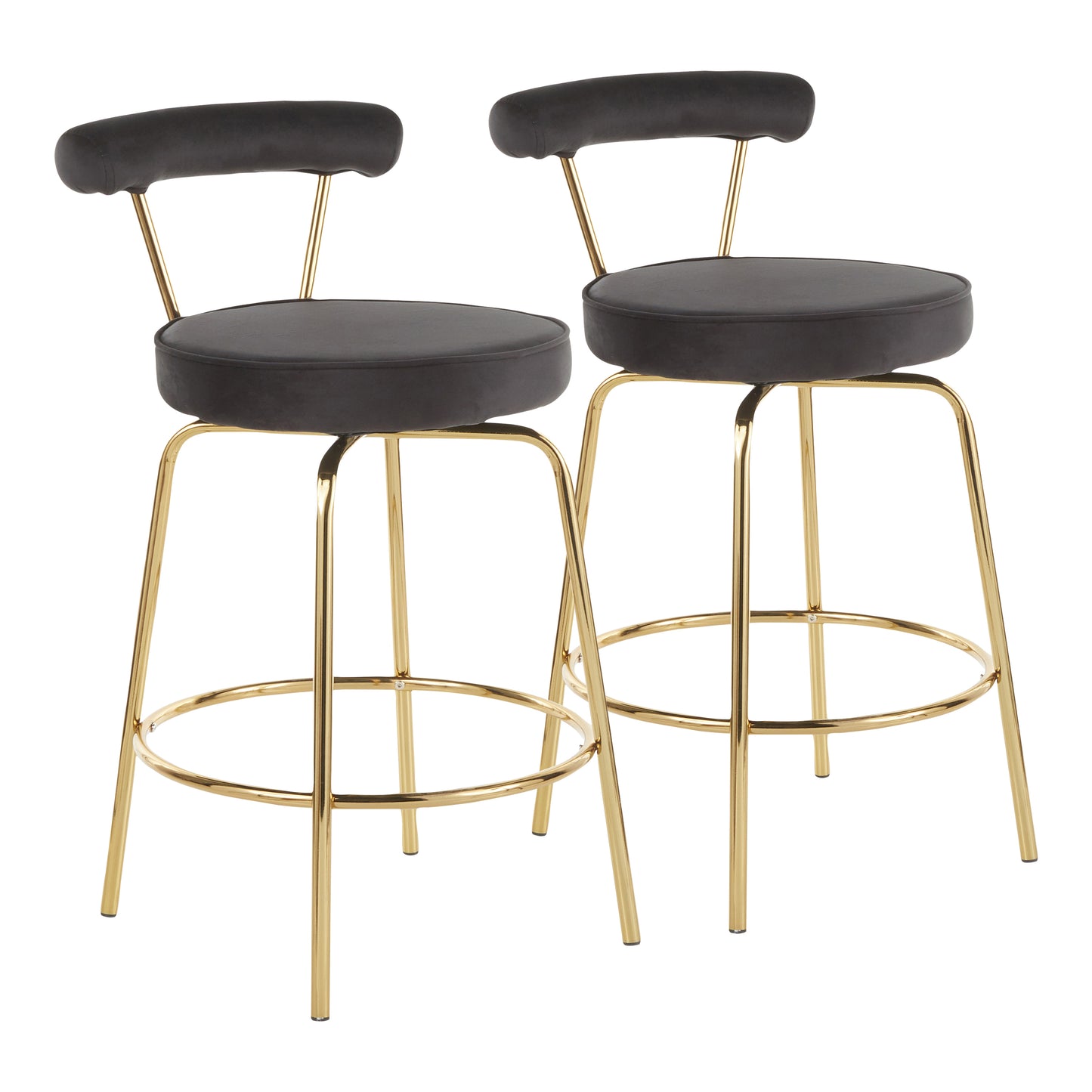 Rainier - Set of 2 - 20" Gold Metal Counter Stools with Black Velvet Upholstery Fixed Height