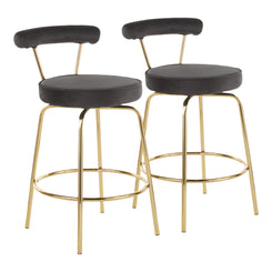 Rainier - Set of 2 - 20" Gold Metal Counter Stools with Black Velvet Upholstery Fixed Height